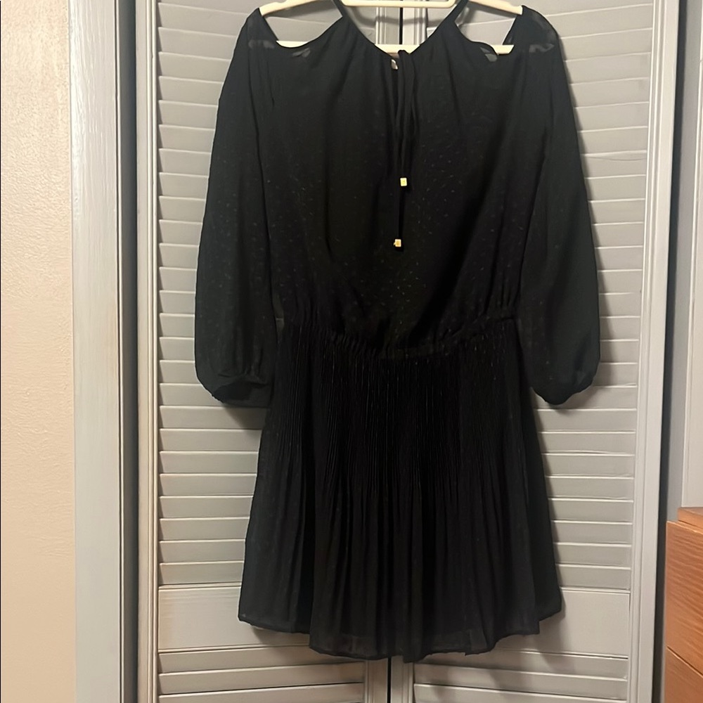 Michael Kors Elegant Black Mini Dress, Cut Outs, Tie Neck, Full Skirt, Sz S